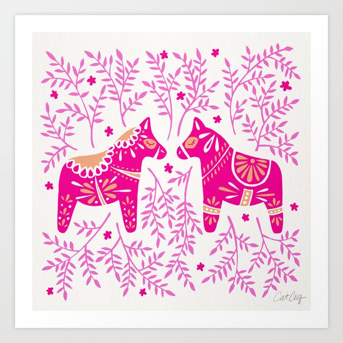 Swedish Dala Horses – Pink Palette Art Print