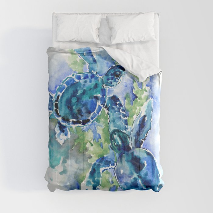 Sea Turtle Turquoise Blue Beach Underwater Scene Green Blue design Comforter