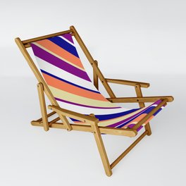 [ Thumbnail: Colorful Coral, Pale Goldenrod, Purple, White & Dark Blue Colored Lines/Stripes Pattern Sling Chair ]