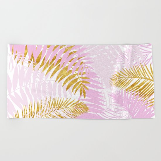 Aloha- Pink Tropical Palm Leaves and Gold Metal Foil Leaf Garden Beach Towel