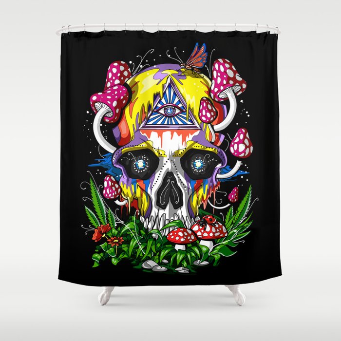 Magic Mushrooms Psychedelic Skull, Skull Shower Curtain And Accessories