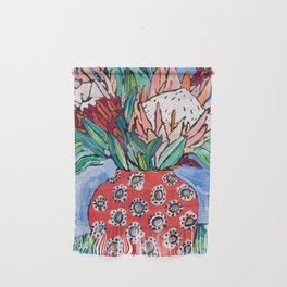 Protea Bouquet in Red Bulb vase on Ultramarine Blue Floral Still Life Painting Wall Hanging