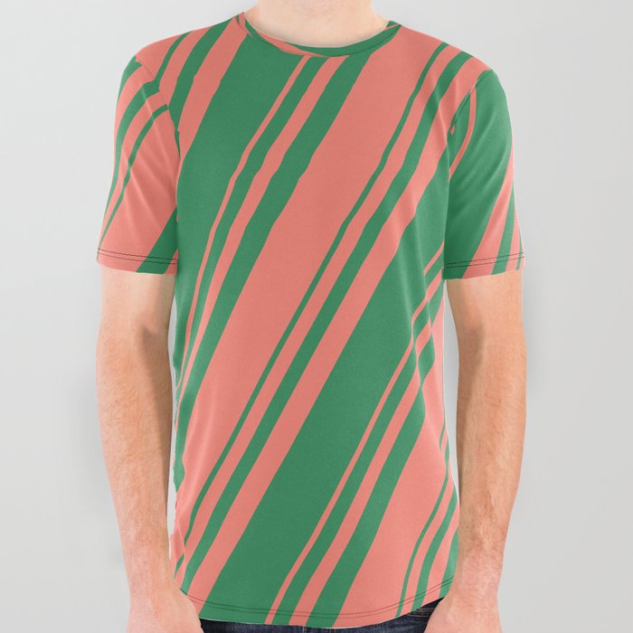 Salmon and Sea Green Colored Stripes Pattern All Over Graphic Tee
