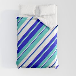 [ Thumbnail: Turquoise, White, and Blue Colored Striped/Lined Pattern Comforter ]