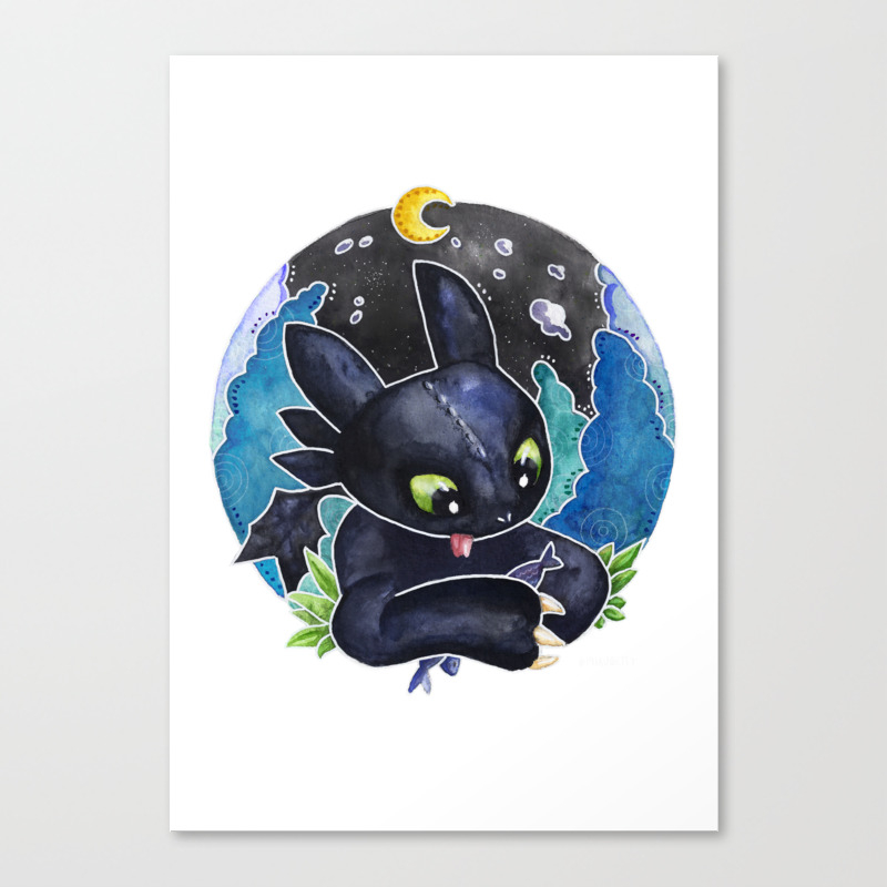 Baby Toothless Night Fury Dragon Watercolor White Bg Canvas Print