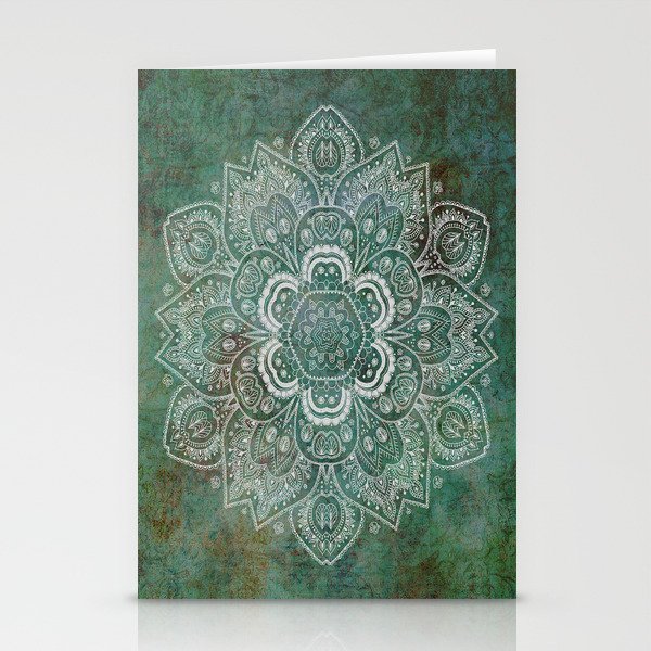 Silver White Floral Mandala on Green Textured Background Stationery Cards