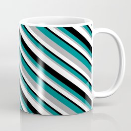 [ Thumbnail: Teal, Dark Grey, White, and Black Colored Lines/Stripes Pattern Coffee Mug ]
