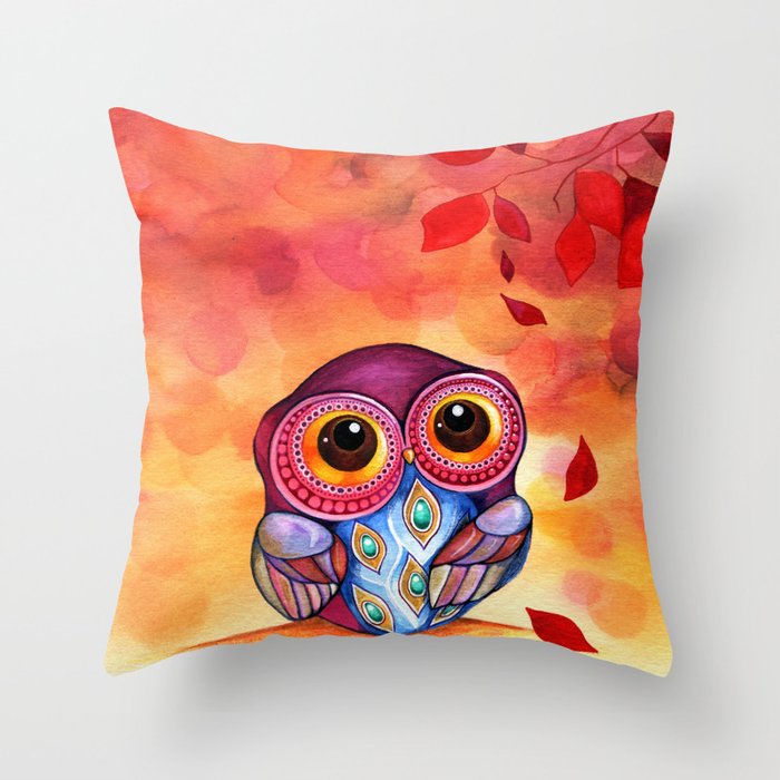 Owl's First Fall Leaf Throw Pillow