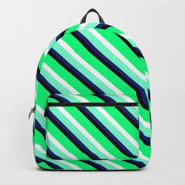 [ Thumbnail: Eyecatching Green, White, Aquamarine, Midnight Blue & Black Colored Stripes Pattern Backpack ]