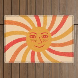 Retro Happy Sun Face, Vintage Sunshine, Orange, Red, Gold Outdoor Rug