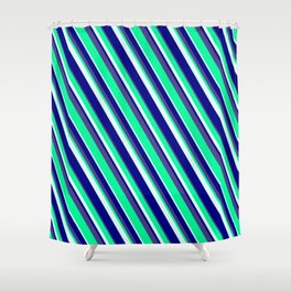 [ Thumbnail: Green, Light Cyan, Blue & Dark Slate Blue Colored Lines/Stripes Pattern Shower Curtain ]