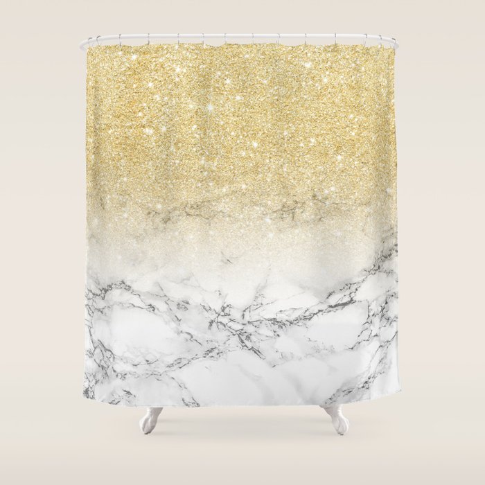 Modern faux gold glitter white marble color block Shower Curtain by