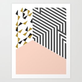 Pink&Gold Room Art Print | Black And White, Room, Minimal, Geometry, Isometric, Sparkling, Pastel, Goldfoil, Abstract, Triangles 