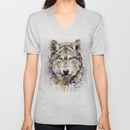 Wolf Head Watercolor Portrait V Neck T Shirt