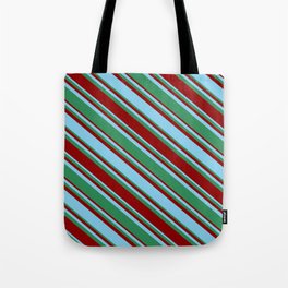 [ Thumbnail: Sky Blue, Sea Green, and Dark Red Colored Lined/Striped Pattern Tote Bag ]
