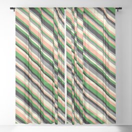 [ Thumbnail: Eye-catching Gray, Light Yellow, Light Salmon, Forest Green & Black Colored Striped Pattern Sheer Curtain ]
