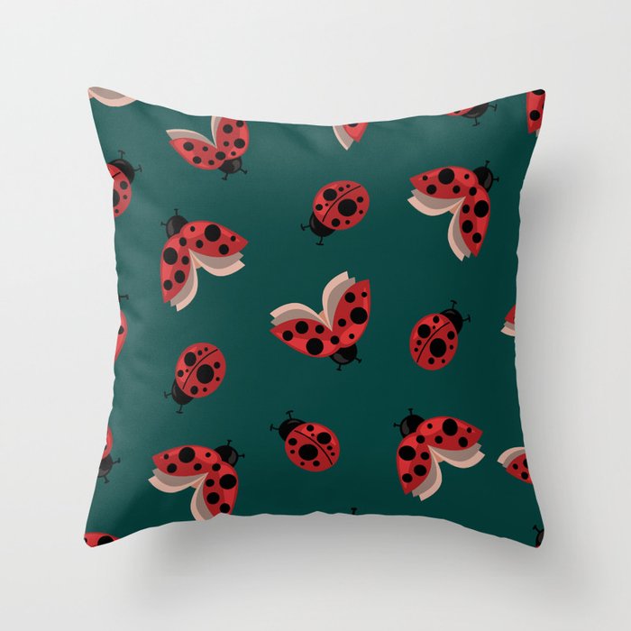Seamless pattern with the image of flying and crawling ladybugs on a green background for printing on fabric and other surfaces Throw Pillow