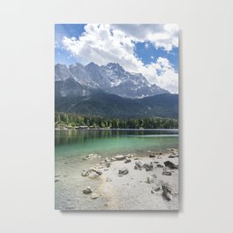 Eibsee lake in Germany in front of the mountain Zugspitze during daytime Metal Print | Landscape, Mountain, Nature, Grass, Sky, Photo, Water, Peak, View, Lake 