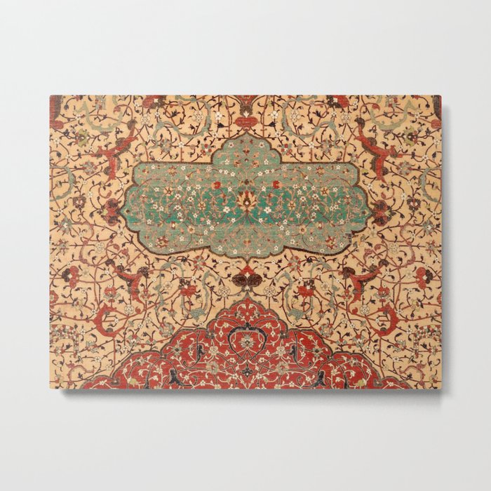 Flowery Vines X // 16th Century Contemporary Red Blue Yellow Colorful Ornate Accent Rug Pattern Metal Print