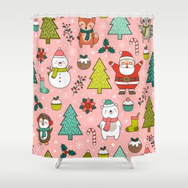 Cute cartoon character, pine trees and christmas elements seamless pattern background.  Shower Curtain