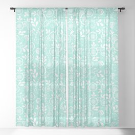 Seafoam And White Eastern Floral Pattern Sheer Curtain