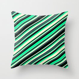 [ Thumbnail: Green, Light Yellow, Dark Slate Gray & Black Colored Lined/Striped Pattern Throw Pillow ]