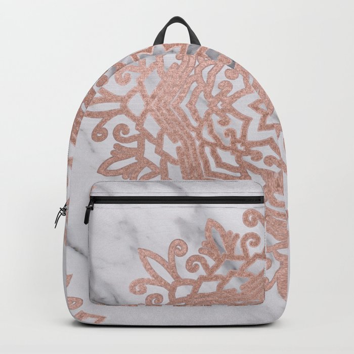 Blooming rose gold mandalas on soft grey marble Backpack