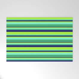 [ Thumbnail: Aquamarine, Sea Green, Midnight Blue & Light Green Colored Stripes Pattern Welcome Mat ]