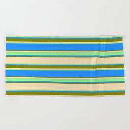 [ Thumbnail: Tan, Light Green, Blue, and Green Colored Lined/Striped Pattern Beach Towel ]