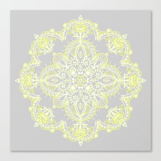 Pale Lemon Yellow Lace Mandala on Grey Canvas Print