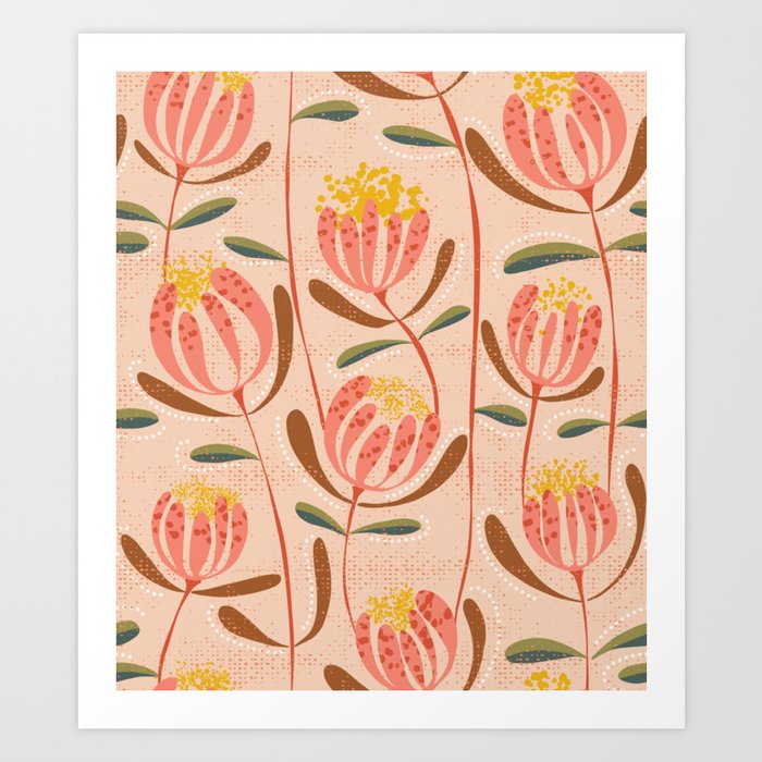 Floating scandi flowers peachy shades Art Print