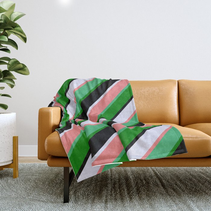 Vibrant Lavender, Light Coral, Sea Green, Green & Black Colored Stripes/Lines Pattern Throw Blanket