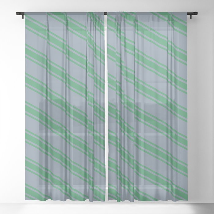 Light Slate Gray and Sea Green Colored Striped/Lined Pattern Sheer Curtain