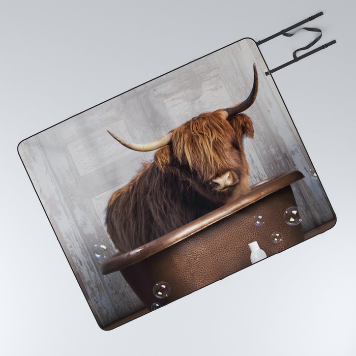 Highland Cow in the Tub Picnic Blanket