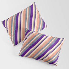 [ Thumbnail: Slate Gray, Indigo, Bisque & Dark Salmon Colored Stripes/Lines Pattern Pillow Sham ]