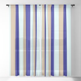 [ Thumbnail: Tan, Dark Blue & Light Cyan Colored Lines Pattern Sheer Curtain ]