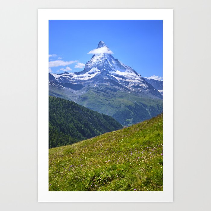 Matterhorn and alpine flowers. 4.478 meters. Swiss Alps Art Print