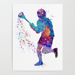 Lacrosse Boy Colorful Watercolor Art Sports Gift Poster