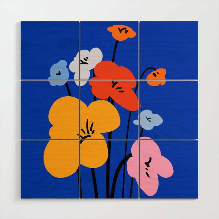 Colorful Flowers Blue Wood Wall Art