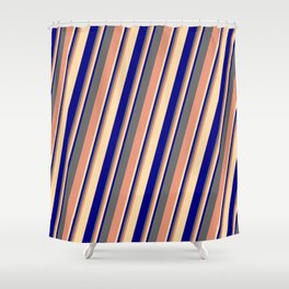 [ Thumbnail: Dim Gray, Dark Salmon, Tan & Blue Colored Lined/Striped Pattern Shower Curtain ]