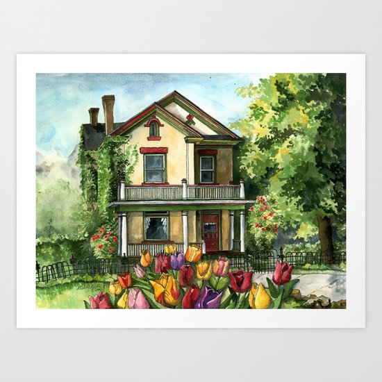 Farmhouse with Spring Tulips Art Print