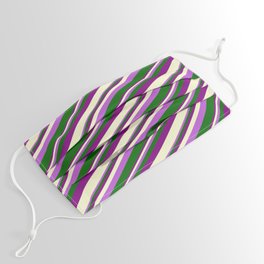 [ Thumbnail: Orchid, Dark Green, Purple, and Light Yellow Colored Stripes Pattern Face Mask ]