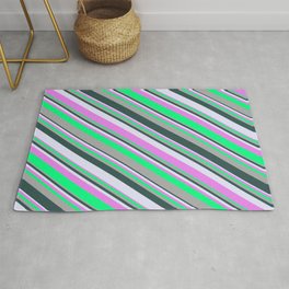 [ Thumbnail: Eyecatching Dark Gray, Dark Slate Gray, Lavender, Violet, and Green Colored Striped Pattern Rug ]