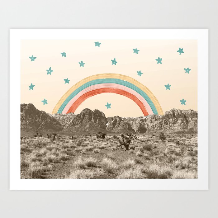 Canyon Desert Rainbow // Sierra Nevada Cactus Mountain Range Whimsical Painted Happy Stars Art Print