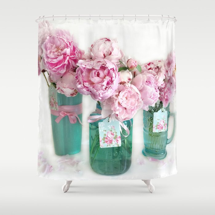 Romantic Shabby Chic Cottage Pink Aqua Watercolor Peonies Print