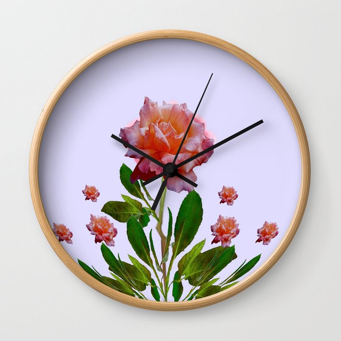 GREEN COLOR   CORAL  PINK ROSES BOTANICAL ART Wall Clock