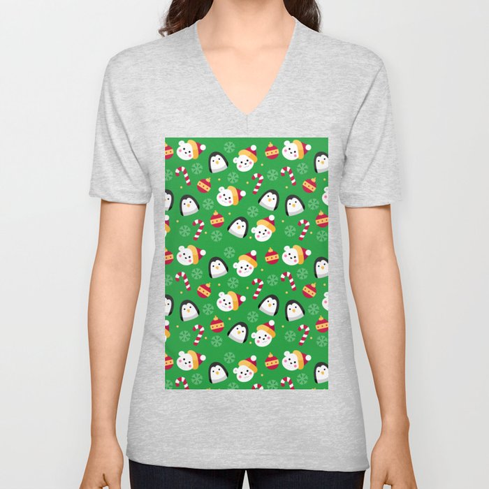 Christmas Pattern Snowman Penguin Candy Green V Neck T Shirt