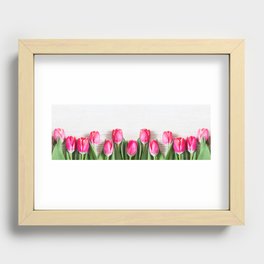 Beautiful pink tulips on wooden background. Recessed Framed Print