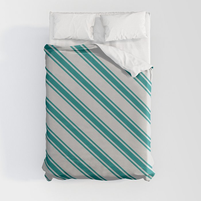 Light Gray & Teal Colored Lined Pattern Duvet Cover