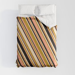 [ Thumbnail: Bisque, Dark Goldenrod, Light Salmon & Black Colored Stripes/Lines Pattern Comforter ]